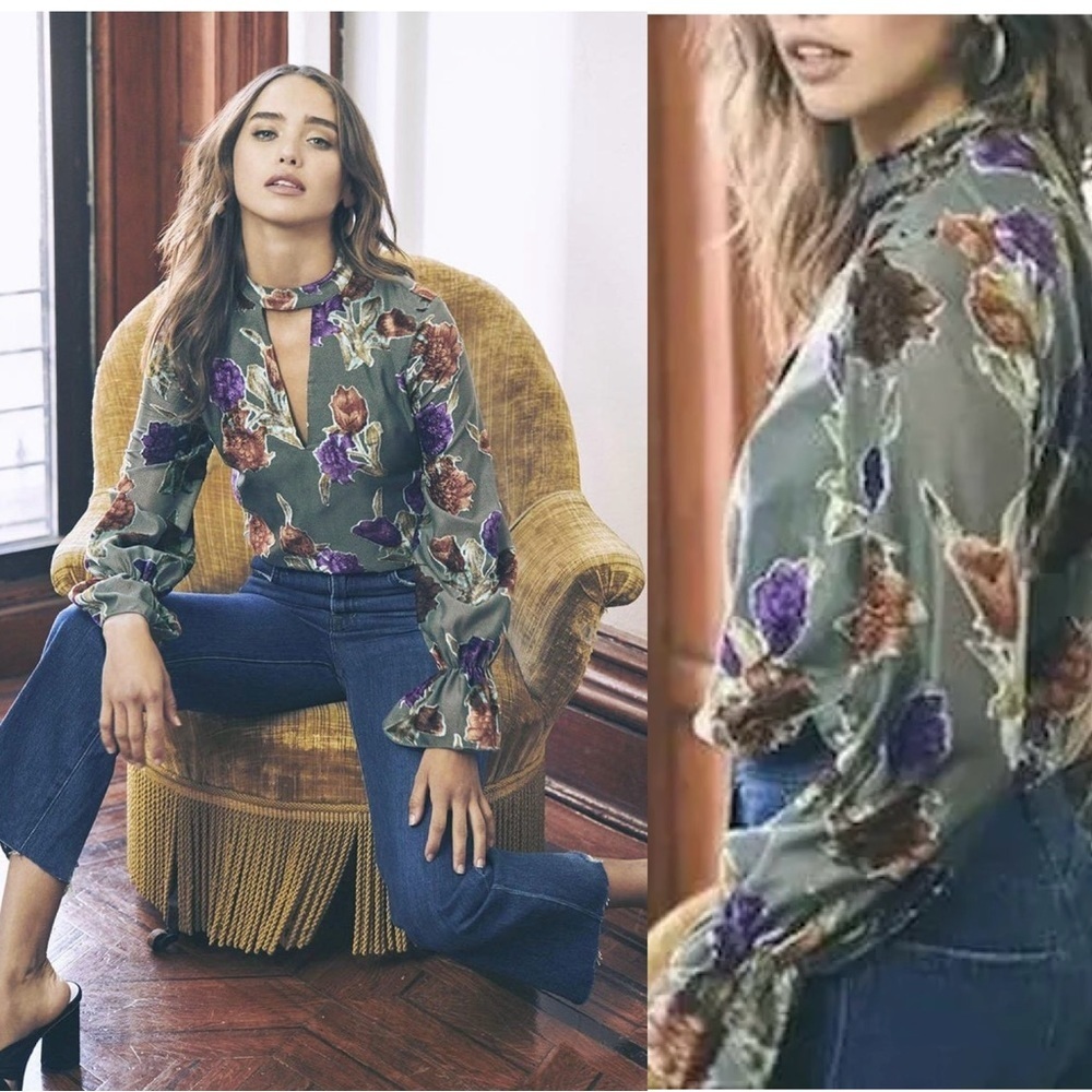 SAYLOR Velvet Floral Flower Puff Sleeve Victorian Blouse Cut Out at Neck M NWOT